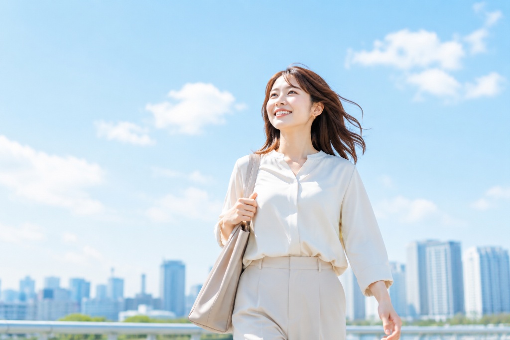 街を歩く笑顔の女性